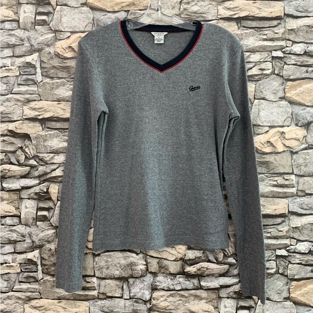 #49 Vintage Guess Jeans Long Sleeve Thermal Gray Red Shirt Top Women’s XL Y2K